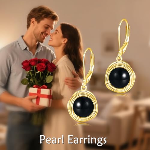 FreshWater Pearl Dangle Earrings 925 Sterling Silver Lapis lazuli Turquoise Larimar Opal Black Pearl Leverback Earrings for Women Birthday Hypoallergenic - style: Black Onyx Earrings Gold Plated