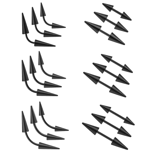 ZS 18Pcs Spike Eyebrow Piercing Jewelry, 16G Curved Barbell Vertical Labret Lip Rings, Spike Tragus Helix Earrings Rook Nose Bridge Rings for Women Men - color: B:Black,straight+curved barbell