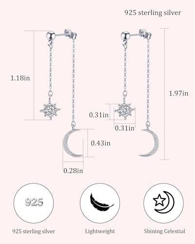Moon and Star Dangle Earrings | Chain Tassel with Cubic Zirconia Drop Front and Back Earrings Celestial Jewelry for Wedding Gift - color: Silver