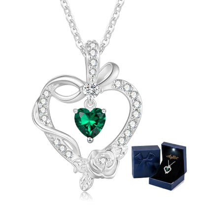Heart Birthstone Necklace, LED Gift Box | Heart birthstone necklace with rose CZ pendant and LED gift box, ready-to-gift birthday gift for mom, wife, grandma, sister - color: White Gold 05-May Emerald