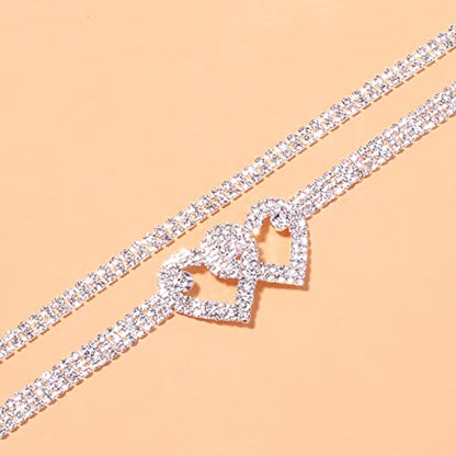 Fesciory Heart Rhinestone Ankle Bracelets for Women, Adjustable Silver Plated Shiny Tennis Anklets, Twinkle Cubic Zircon Imitation Diamond Anklet Foot Chain Jewelry Gifts - color: Double Heart Set