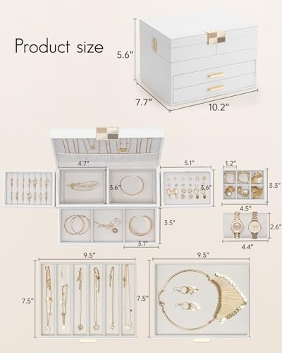 VLANDO Jewelry Box,4-Layer Design with Retractable Tray and 2 Drawers, White - color: D.White, size: 4-Layer