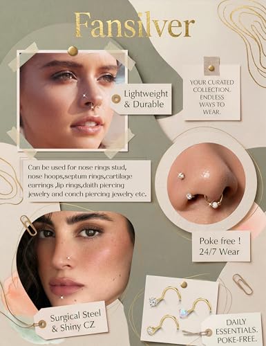 Fansilver 18G/20G Nose Rings for Women Hypoallergenic Stainless Steel | Threaded Horseshoe Hoops & L/S Shaped Nose Studs with CZ Opal Dainty Lip Tragus Helix Nostril Piercing Jewelry Set