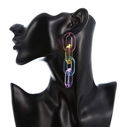 Funky Rainbow Clear Pastel Acrylic Extra Long Link Chain Dangle Earrings Statement Resin Geometric Paperclip Chain Drop Earrings Coloful Lightweight Jewelry for Women Gifts