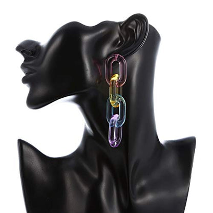 Funky Rainbow Clear Pastel Acrylic Extra Long Link Chain Dangle Earrings Statement Resin Geometric Paperclip Chain Drop Earrings Coloful Lightweight Jewelry for Women Gifts