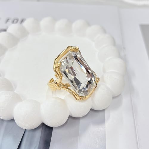 Bling Rhinestone Rectangle Statement Knuckle Cocktail Ring Adjustable Band for Women Trendy Geometric Sparkly Clear Crystal Chunky Open Finger Rings Engagement Wedding Promise Party Prom Jewelry Gift