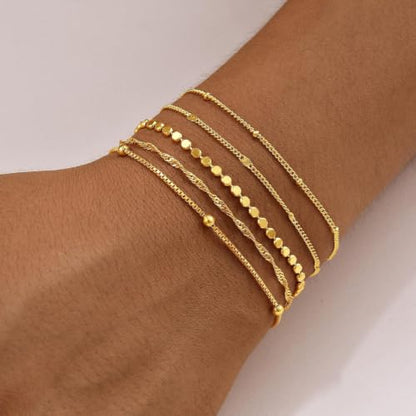 Gold Bracelets for Women, 14K Gold Plated Stackable Bracelet Set, Adjustable Charm Layered Jewelry Paperclip Chain Cuban Link Waterproof Bracelets Gifts