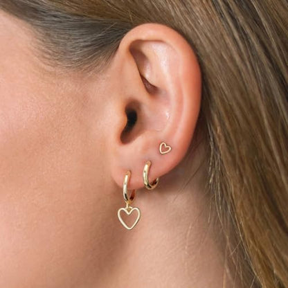 3 Pairs Earring Stacks, Gold Earring Set Jewelry Gift for Women | Small, 14K Gold/White Gold/Black/Rose Gold Plated, Hypoallergenic, Her, Everday, Stackable, Simple, 3 Holes - color: Gold-Open Heart