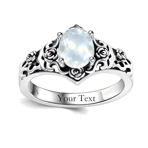 1 CT Oval Cut Gemstone Vintage Filigree Ring 925 Sterling Silver Retro Rose Teardrop Birthstone Statement Ring Anniversary Jewelry Gifts for Women Ring Size 4-13 - color: Moonstone