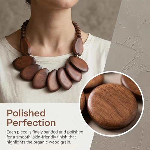 Coiris Chunky Wooden Necklace and Earring Set for Women Boho Statement Jewelry Ethnic Accessories - color: Brown