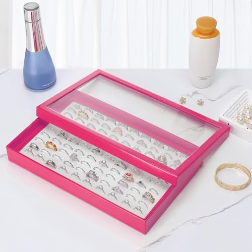 KUKUVR 100 Slots Ring Earring Holder Display Case (Pink) | Velvet, Clear Lid, Ring Earring Storage Organizer Box Tray, for Women and Selling Show - color: Pink