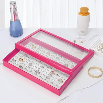 KUKUVR 100 Slots Ring Earring Holder Display Case (Pink) | Velvet, Clear Lid, Ring Earring Storage Organizer Box Tray, for Women and Selling Show - color: Pink