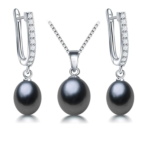 Pearl Jewelry Set For Women Pearl Pendant Necklace & Pearl Earrings with Sparkling Rhinestones 925 Sterling Silver Freshwater Pearl Drop Jewelry Set for Wedding Prom Gift - color: Silvery-Black
