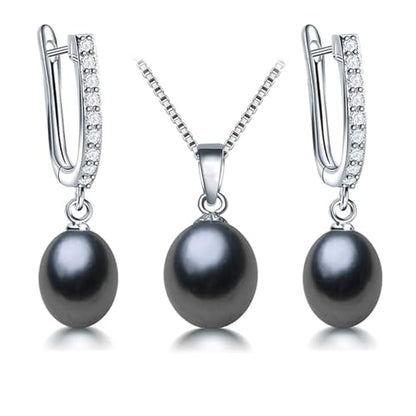 Pearl Jewelry Set For Women Pearl Pendant Necklace & Pearl Earrings with Sparkling Rhinestones 925 Sterling Silver Freshwater Pearl Drop Jewelry Set for Wedding Prom Gift - color: Silvery-Black