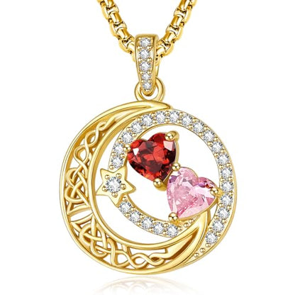 14K Gold Moon and Star Double Birthstone Necklace Gifts for Women | 2 Heart Birthstone Necklace,Mothers Day Wedding Anniversary Birthday Gifts for Wife Mom Daughter Grandma Sister - color: 01-10-Jan-Oct Birthstone