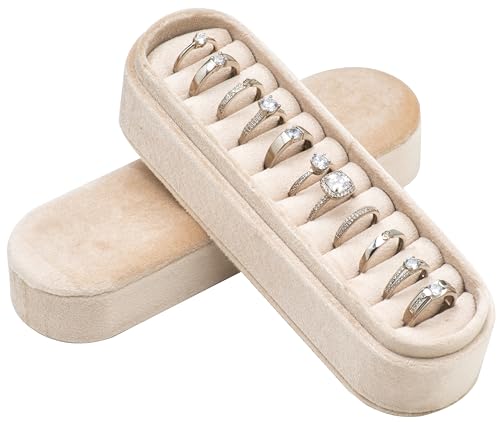 Velvet Small Multiple Ring Box Portable Organizer Display Storage | Travel Case Jewelry Earring Holder for Wedding Birthday Christmas Day (Beige) - color: Beige