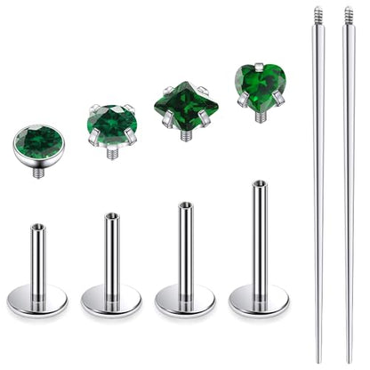 Titanium Flat Back Lip Rings Internally Threaded Earrings Studs Nose Rings 20G 18G 16G Round Heart Square CZ Tragus Cartilage Lobe Rook Helix Conch Labret Medusa Piercing Jewelry for Women Men - color: Green CZ, size: 20G-6/8/10mm