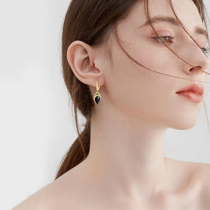 Sterling Silver Black Onyx Earrings for Women 18K Yellow Gold Plated Jewelry Gifts - style: Cubic Zirconia Rhombus