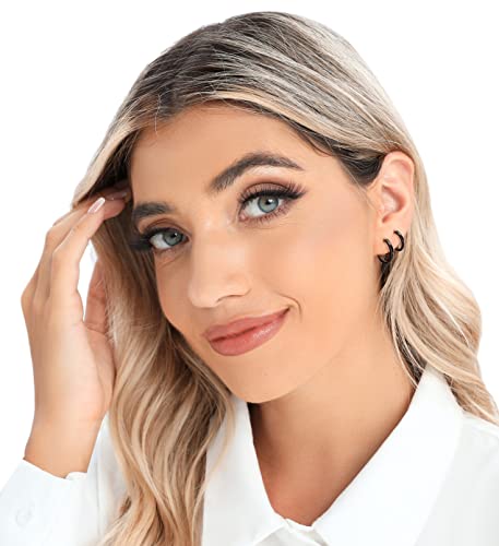 3 Pairs 925 Sterling Silver Hoop Earrings 14K White Gold Plated Small Silver Hoops Cartilage Huggie Earrings for Women Men - color: D-Black 8/10/12mm