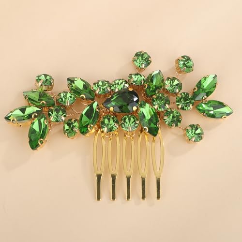 Dainty Teardrop Rhinestone Crystal Wedding Hair Comb Handmade Hair Side Comb Women Girls Wedding Headpiece Silver Gold Wedding Hair Accessories for Brides Bridesmaid (green) - color: green
