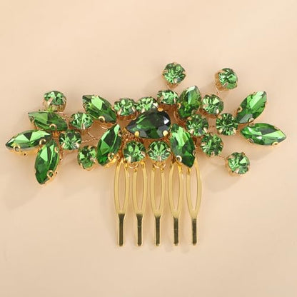 Dainty Teardrop Rhinestone Crystal Wedding Hair Comb Handmade Hair Side Comb Women Girls Wedding Headpiece Silver Gold Wedding Hair Accessories for Brides Bridesmaid (green) - color: green