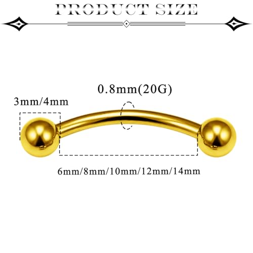 20G Eyebrow Piercing Jewelry Surgical Steel Vertical Labret Lip Jewelry Curved Barbell Tiny Eyebrow Rings Ear Rook Navel Small Belly Button Ring for Women Men 6mm/8mm/10mm/12mm/14mm - color: goldtone,ball