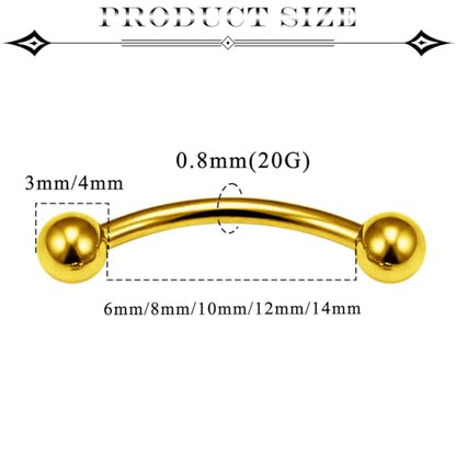 20G Eyebrow Piercing Jewelry Surgical Steel Vertical Labret Lip Jewelry Curved Barbell Tiny Eyebrow Rings Ear Rook Navel Small Belly Button Ring for Women Men 6mm/8mm/10mm/12mm/14mm - color: goldtone,ball