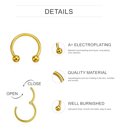 16PCS Surgical Stainless Steel Hinged Clicker Segment Horseshoe Septum Lip Eyebrow Rings 16G Nose Ring Hoop Cartilage Helix Conch Tragus Rook Daith Earrings Piercing Jewelry for Women Men 6mm 8mm 10mm 12mm - color: Gold Tone