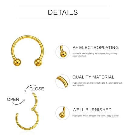 16PCS Surgical Stainless Steel Hinged Clicker Segment Horseshoe Septum Lip Eyebrow Rings 16G Nose Ring Hoop Cartilage Helix Conch Tragus Rook Daith Earrings Piercing Jewelry for Women Men 6mm 8mm 10mm 12mm - color: Gold Tone