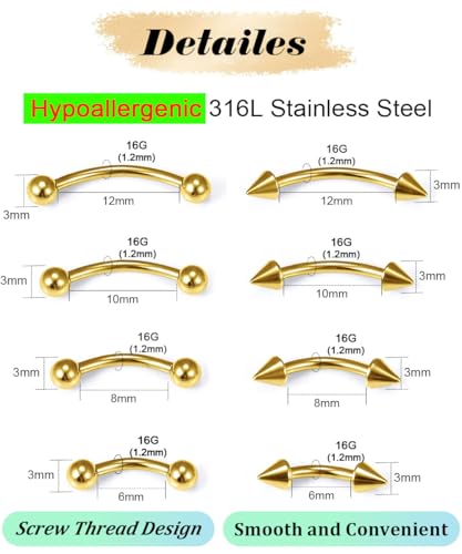 Eyebrow Piercing Jewelry Surgical Steel Curved Barbell Tiny Eyebrow Ring Vertical Labret Lip Jewelry Ear Rook Navel Small Belly Button Ring for Women Men 6mm/8mm/10mm/12mm - size: 16Gauge-Gold-4Pairs