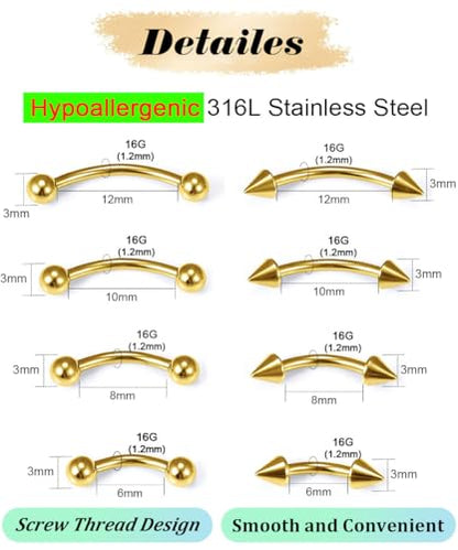 Eyebrow Piercing Jewelry Surgical Steel Curved Barbell Tiny Eyebrow Ring Vertical Labret Lip Jewelry Ear Rook Navel Small Belly Button Ring for Women Men 6mm/8mm/10mm/12mm - size: 16Gauge-Gold-4Pairs
