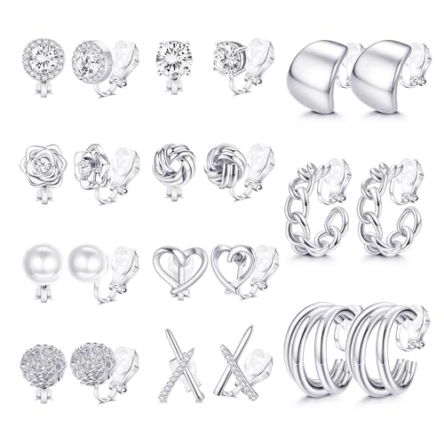 11 Pairs Clip on Earrings for Women 14K Gold Plated Clip Earring | Hypoallergenic Earrings for Non Pierced Ears, Chunky Cubic Zirconia Pearl Knot Flower Fake Ear Clips Set Jewelry - color: Silver Plated
