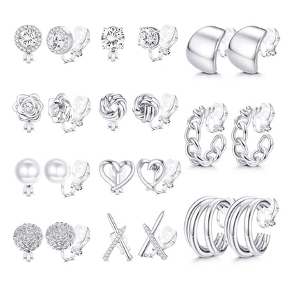 11 Pairs Clip on Earrings for Women 14K Gold Plated Clip Earring | Hypoallergenic Earrings for Non Pierced Ears, Chunky Cubic Zirconia Pearl Knot Flower Fake Ear Clips Set Jewelry - color: Silver Plated