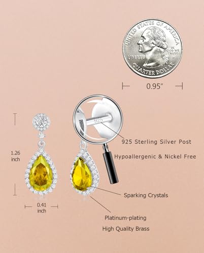 Silver Diamond Dangle Earrings for Women Rhinestone Teardrop Crystal Cubic Zirconia Drop Dangling Wedding Costume Jewelry - color: 11.November-White Gold Plated | Citrine