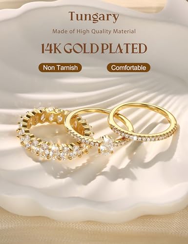 Tungary Gold Stackable Rings for Women Non Tarnish, Wedding Bands Set | Hypoallergenic 5 PCS Cubic Zirconia Ring Set, Promise Engagement Wedding Ring Stack, Trendy Statement Thumb Rings Size 5-10 - color: Elegant-14K Gold Plated