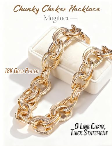Magitaco Chunky Choker Necklace for Women, Cuban Link Chain Thick Statement Necklace, Big Double O Link Necklaces Women's Trendy Jewelry for Ladies - color: Gold plated