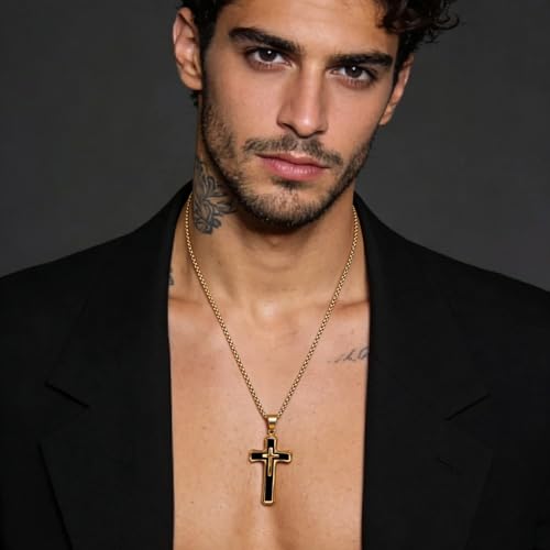 Men's Cross Necklace 316L Stainless Steel Large Heavy Cross Pendant for Men Polished Jewelry Rolo Chain with 22'' 24'' 26'' - color: G-Black and Gold-Tone, size: 24 inch