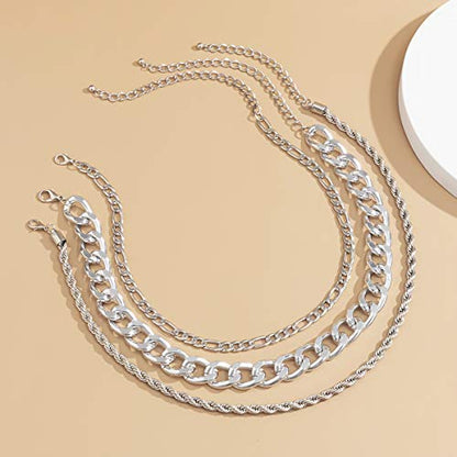 Aimimier 3Pcs Punk Cuban Link Chain Choker Necklace Twist Rope Necklace Chunky Figaro Chain Prom Party Festival Accessory for Women - color: Silver