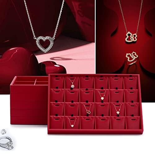 Oirlv Gorgeous Red Leather 24 Grid Jewelry Tray with Removable Inserts Jewelry Cards Stackable Necklace Trays Necklace Drawer Organizer | 24 Necklace Sections,Removable Insert Cards,Anti-Tangle Design,Space-Saving Event Display,13.8×9.5Inch - color: Red,