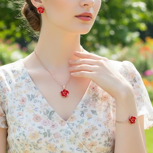 EleQueen Rose Flower Necklace Earrings Bracelet Set for Women - color: 04_Red Necklace+Earrings+Bracelet
