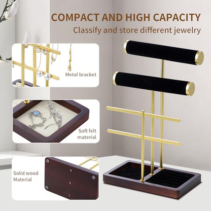 modern T-shaped jewelry rack, jewelry tower, gold metal, square ceramic base decoration display tower, necklace, bracelet, ring storage rack (2-layer black velvet) - style: 2-layer black velvet