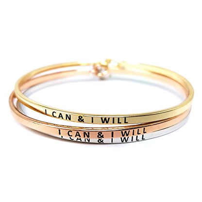 by you Inspirational Positive Message Engraved Thin Cuff Bangle Hook Bracelet - color: I CAN & I Will-Rosegold