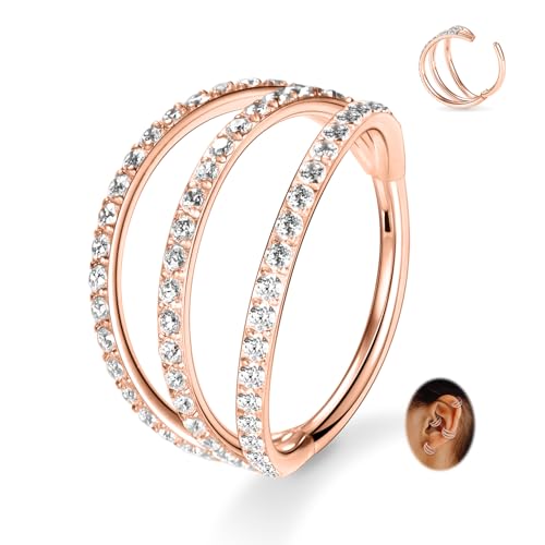 FUNLMO 16G Conch Helix Daith Rook Piercing Jewelry 10mm Cartilage Earring Hoop Surgical Steel Hinged Septum Clicker Rose Gold Huggie Hoop Earrings Lobe Piercing Earrings