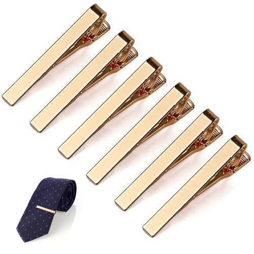 MOWPOG 6 Pcs Tie Clips for Men, Tie Bar Pins Tacks with Gift Box | Copper, Shiny & Glossy, for Father, Husband, Boyfriend, Business, Wedding, Suit Accessories, Easy to Open, Won't Fade/Scratch - color: Gold