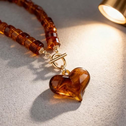 Chunky Heart Necklaces for Women Colorful Resin Beaded Necklaces for Women Gold Puffy Heart Statement Necklace Trendy Acrylic Choker Jewelry Gift - color: Amber