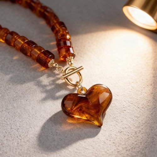 Chunky Heart Necklaces for Women Colorful Resin Beaded Necklaces for Women Gold Puffy Heart Statement Necklace Trendy Acrylic Choker Jewelry Gift - color: Amber