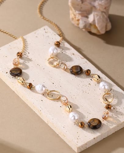 Long Gold Necklaces for Women Trendy Beaded Chain Necklace Chunky Costume Jewelry Gifts for Her - color: Tiger's Eye