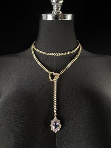 Women's Heart O-Ring Slip Chain Necklace, Double Layered Adjustable 39'' Cuban Chain with Detachable Heart Clasp and Colorful Rhinestone Pendant - color: 39'' Gold-Amethyst Purple