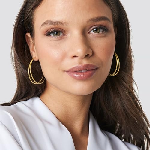 Large Thin Double Hoop Earrings for Women Lightweight Hypoallergenic 925 Sterling Silver Post 14K Gold Hoops Non Tarnish Sturdy Big Thin Double Layered Hoop Earrings 30/40/50/60mm - color: Gold, size: 50mm