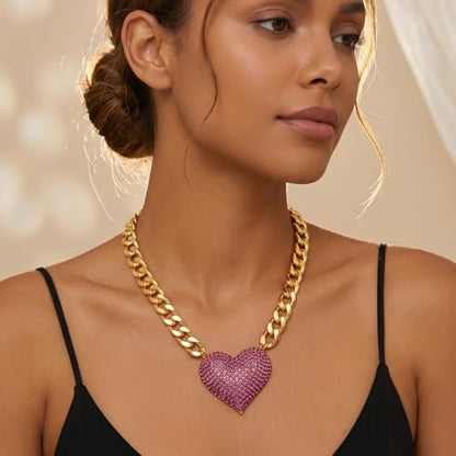 Gold Cuban Link Chain Necklace with Red Crystal Heart Pendant, Statement Chunky Curb Link Chain，Fashion Jewelry for Women - color: Peach red